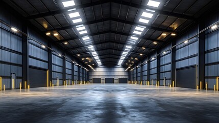 Obraz premium Spacious modern industrial warehouse interior with high ceilings, metal walls, overhead lighting, and multiple large rolling doors for storage and logistics