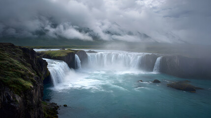 Fototapeta premium a waterfall flowing into the sea surrounded by clouds sky and ocean creating a serene landscape scene perfect as a calming nature lover’s wallpaper