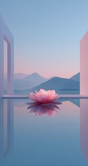 Pink lotus flower on a serene pool, minimalist setting with mountains