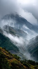Fototapeta premium A Rugged Mountaintop with Enormous Wind Turbines Surrounded by Misty Peaks