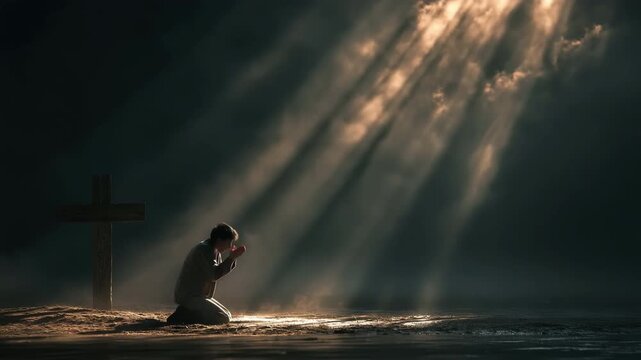 A person kneeling on the ground in front of a crucifix, their eyes closed in a sincere act of forgiveness, sunlight shining through the clouds and illuminating their face