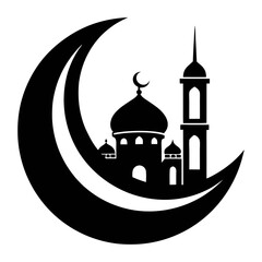 Crescent moon with mosque clean black silhouette vector 