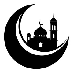 Crescent moon with mosque clean black silhouette vector 
