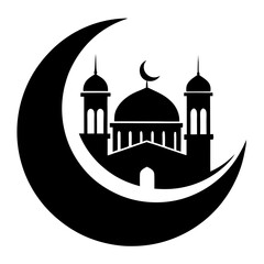 Crescent moon with mosque clean black silhouette vector 
