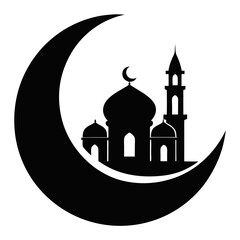 Crescent moon with mosque clean black silhouette vector 