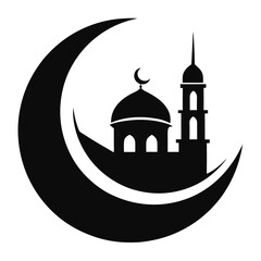 Crescent moon with mosque clean black silhouette vector 