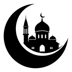 Crescent moon with mosque clean black silhouette vector 