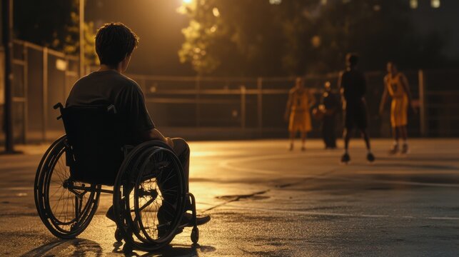 A man in a wheelchair watches a game of basketball