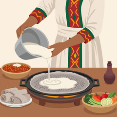 Preparing Injera Flatbread Hands Pouring Batter on Hot Griddle in Warm Kitchen