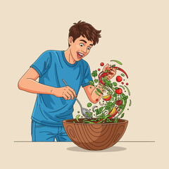 Enthusiastic Young Man Mixing Colorful Salad in Wooden Bowl with Spoon, Preparing Healthy Food