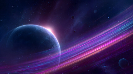 Fototapeta premium large luminous planet glowing on the left suspended in deep indigo space with vivid electric purple pink and orange light ribbons arcing across the cosmos