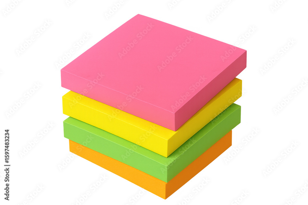 Poster four colorful sticky notes forming a leaning stack on a transparent background, ready for your messa