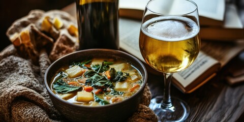 beer and meat stew german cuisine dark background