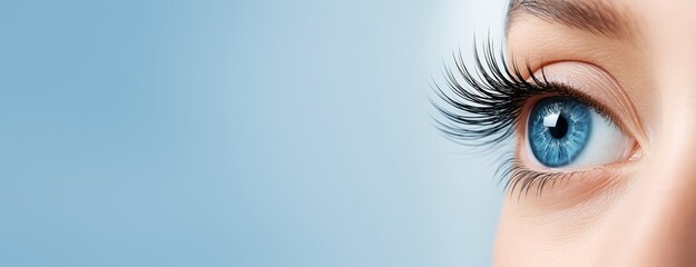 Close-up of a person's blue eye with long eyelashes on light blue background for beauty, health, or vision concept with copyspace for design use.