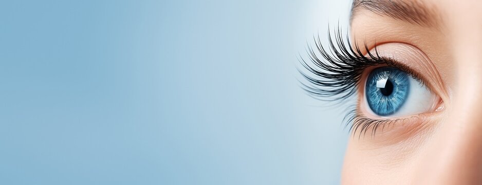 Close-up of a person's blue eye with long eyelashes on light blue background for beauty, health, or vision concept with copyspace for design use.