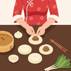 Making Dumplings Woman Preparing Filled Dough on Brown Table