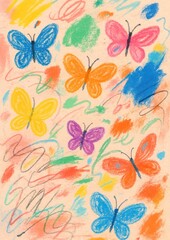 Colorful butterflies crayon illustration.