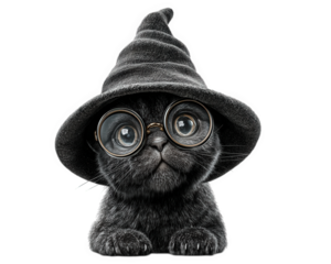 Adorable black cat wearing large witch hat and round glasses, with curious and playful expression, isolated on transparent background, perfect for Halloween themes