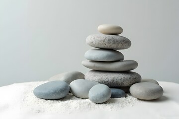 Calm Balanced Stones Pile on White Sand Minimalist Zen Garden