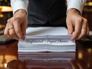 Photo of a stack of confidential documents labeled project phoenix is being handled on a desk