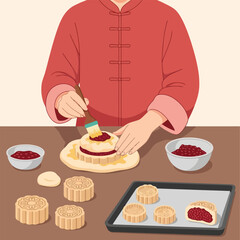 Preparing Mooncakes in Red Traditional Outfit, Baking Dessert