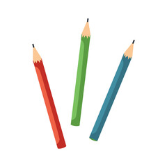 Three wooden color sharp pencils isolated on white background, vector illustration. Flat design. Cartoon icon
