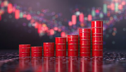 Red oil barrels on a reflective surface against a background of rising stock market charts