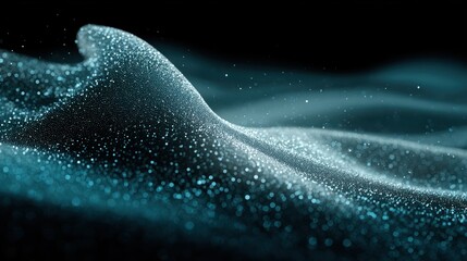 Teal abstract digital particles form undulating waves.