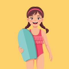 Smiling Girl Holding Blue Surfboard on Yellow Background Ready for Summer Fun