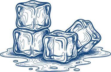 Hand drawn ice cubes sketch design with melting water puddle effect