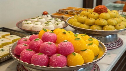Indian sweets, assorted colourful desserts in a white tray for Eid or Diwali