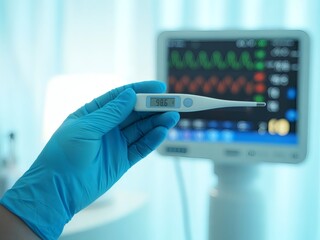 Photo of a hand in a glove holds a digital thermometer displaying a temperature reading