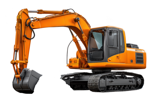 Modern orange excavator with heavy duty bucket and tracks on transparent background