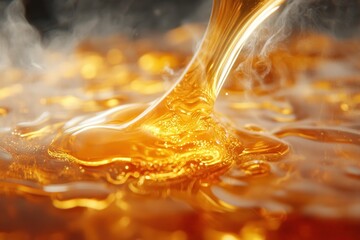 Golden Liquid Flow with Steam and Glimmering Texture Close-Up