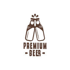Premium Beer logo featuring two clinking bottles. Suitable for bar branding, craft beer packaging, menu design, and brewery identity. Vector illustration.