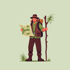 Adventurous Hiker Reading Detailed Map Holding Walking Stick
