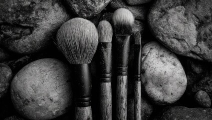 Black and white makeup brushes on rocks (1)