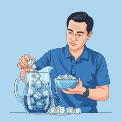 Person Adding Ice Cubes to Blue Water Pitcher in Kitchen