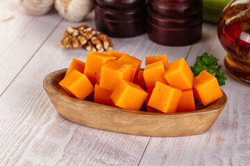 Yellow cheddae cheese cubes snack