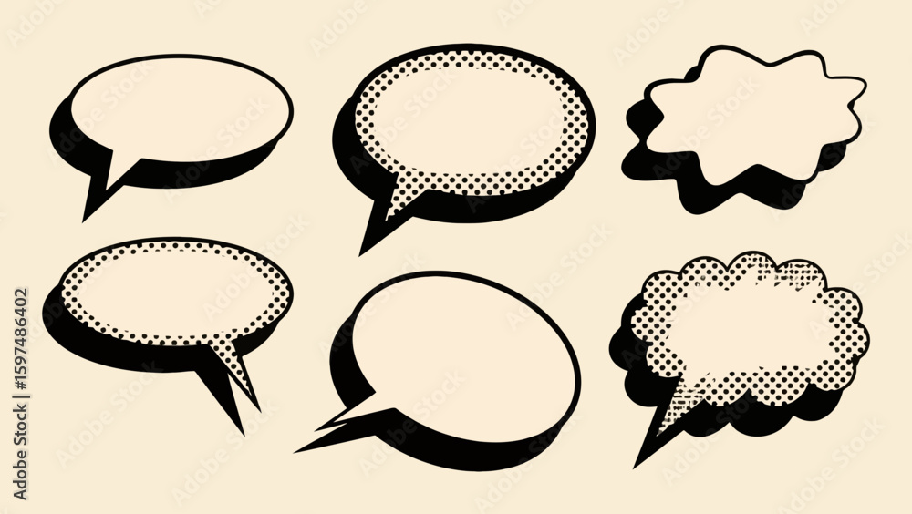 Aufkleber retro comic speech bubbles with halftone and shadow effect in vector format