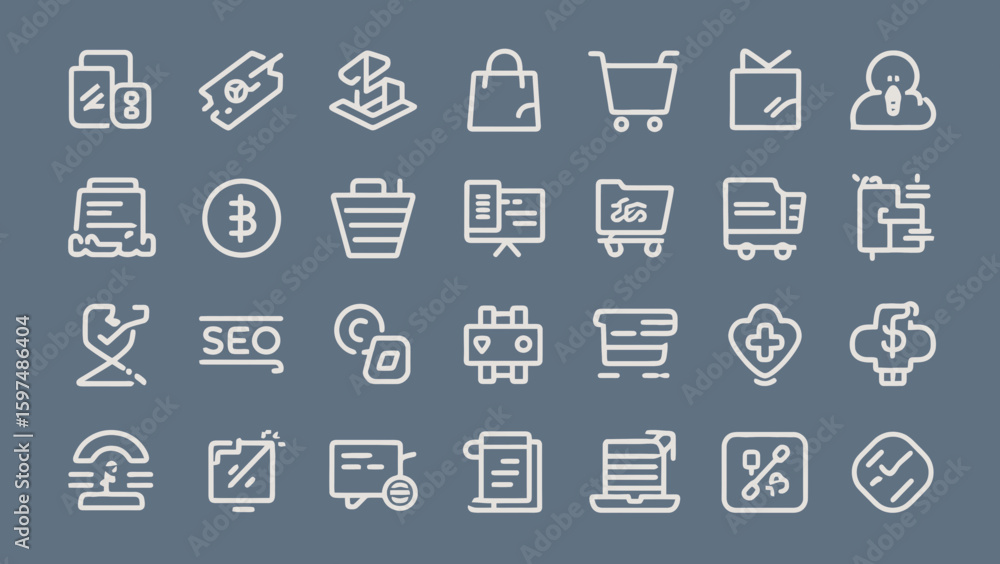 Poster set of marketing and e-commerce icons in outline style for user interface