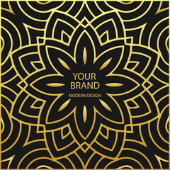 Ethnic black background, cover design. Geometric gold vintage pattern. Template, stencil, stained glass. Artistic elements, ornaments, mandala, logo of the East, Asia, India, Mexico, Aztec, Peru.
