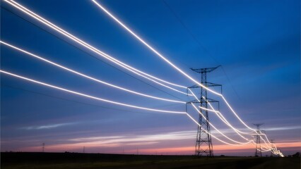 Electric Power Lines at Dusk with Light Trails