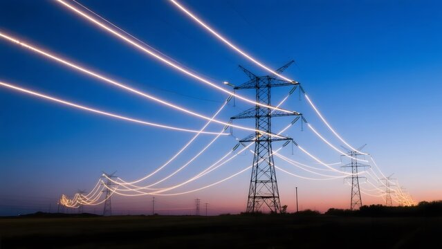 Electric Power Lines Illuminated at Dusk with Long Exposure Effect
