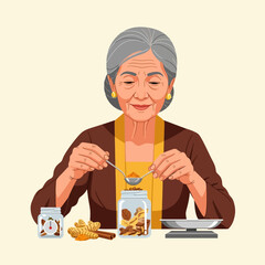 Smiling Mature Woman Adding Turmeric Powder to Jar of Spices