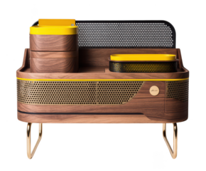 Modern walnut and yellow desk organizer with perforated metal accents isolated on transparent background