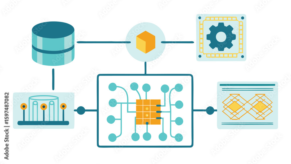 Poster illustration of a network architecture with database, cube, gear, and circuit components shown conne