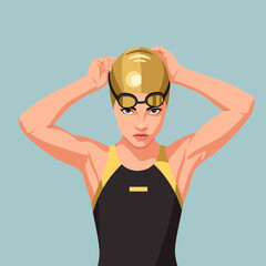 Female Swimmer in Gold Cap Putting on Black Goggles Against Blue Background