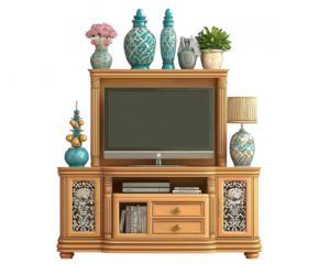 Elegant wooden entertainment center with decorative accents and television isolated on transparent background