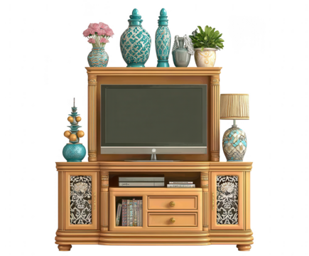 Elegant wooden entertainment center with decorative accents and television isolated on transparent background